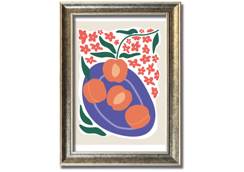 Framed print of peaches on a plate, showcasing vibrant colors and textures, ready to hang.