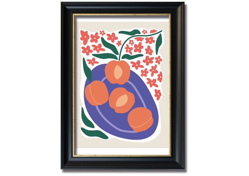 Framed print of peaches on a plate, showcasing vibrant colors and textures, ready to hang.