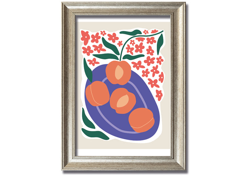 Framed print of peaches on a plate, showcasing vibrant colors and textures, ready to hang.