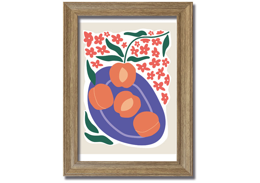 Framed print of peaches on a plate, showcasing vibrant colors and textures, ready to hang.