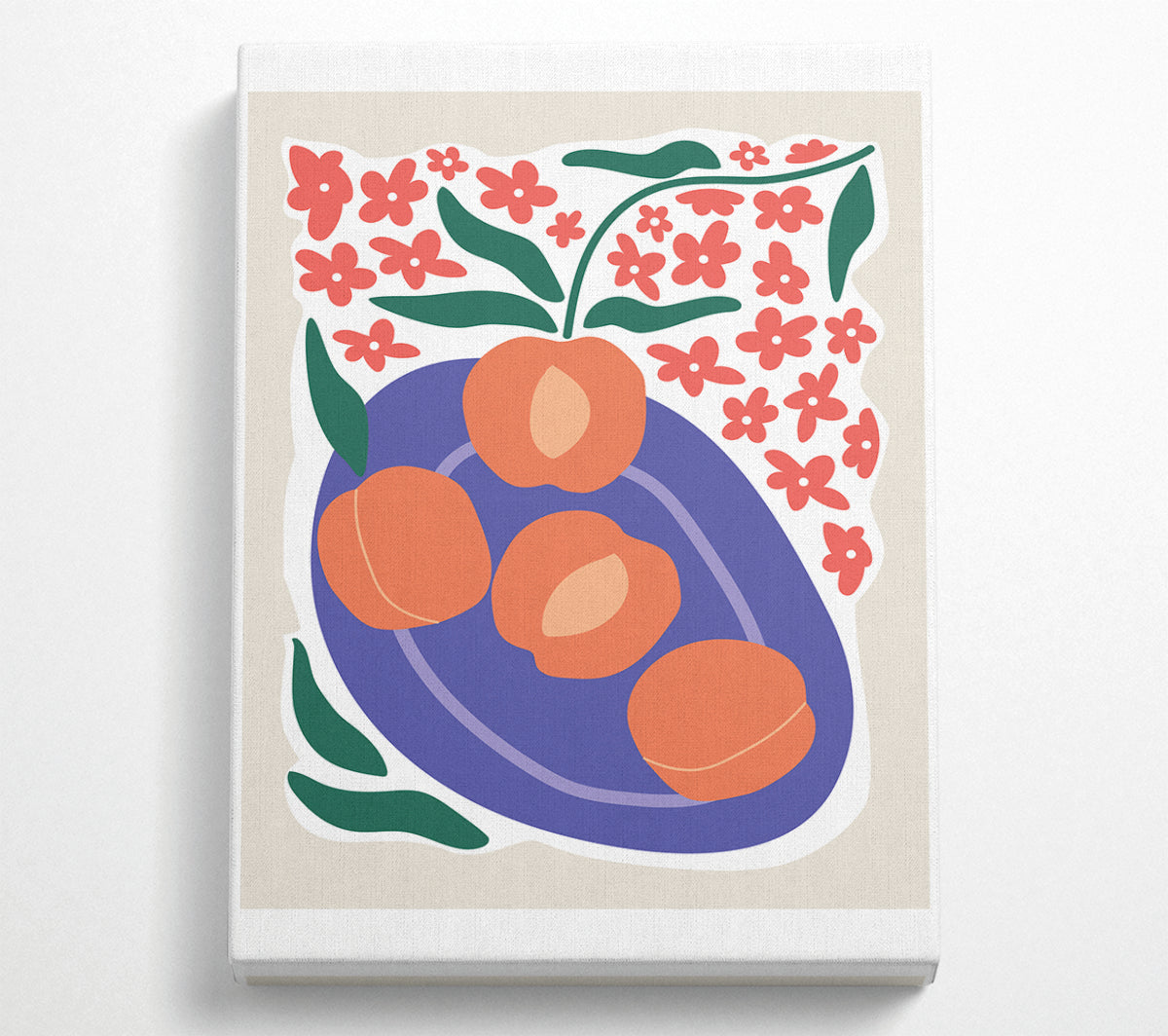 A vibrant artwork featuring peaches on a plate, printed on coated polyester canvas and mounted on a box frame.