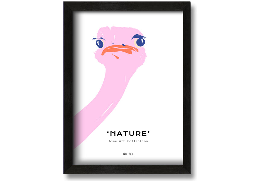 A beautifully framed Peaking Ostridge print showcasing an artistic depiction of an ostrich, available in various frame colors.