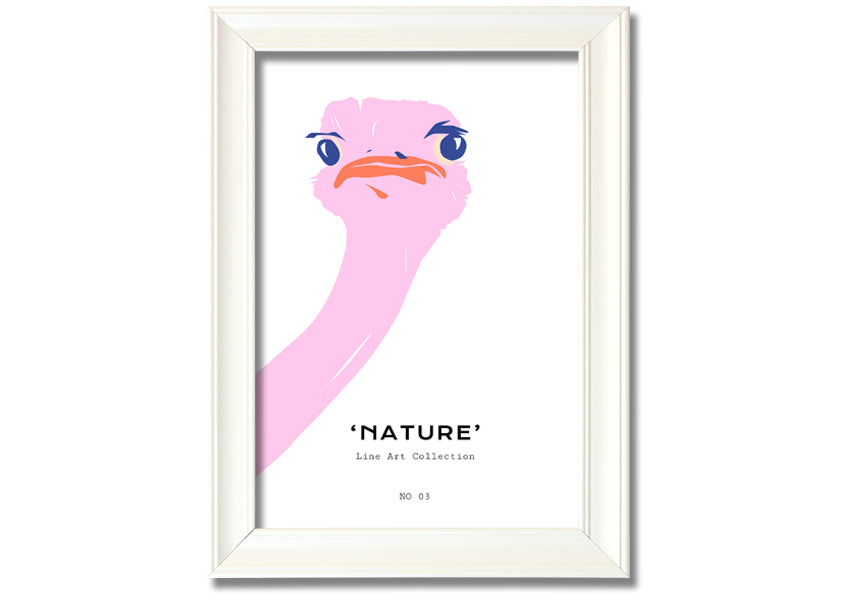 A beautifully framed Peaking Ostridge print showcasing an artistic depiction of an ostrich, available in various frame colors.