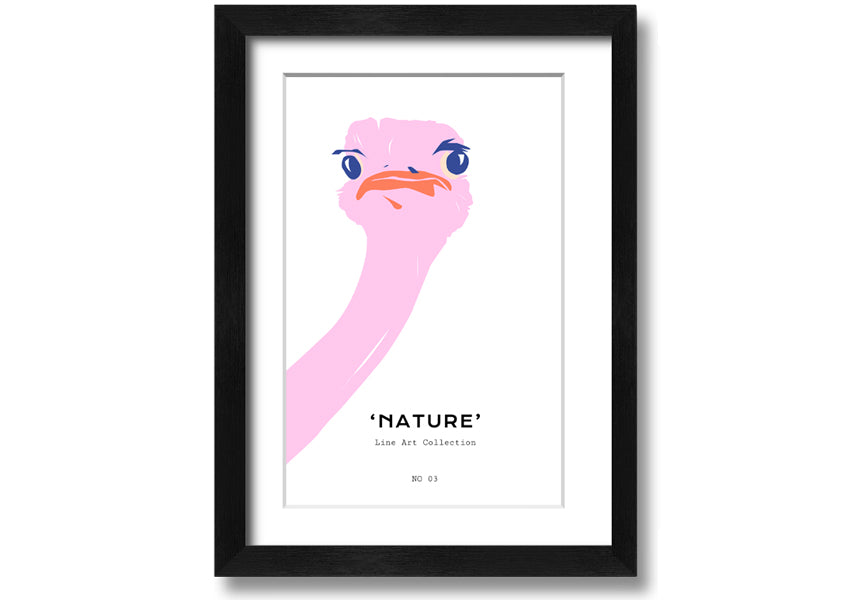 A beautifully framed Peaking Ostridge print showcasing an artistic depiction of an ostrich, available in various frame colors.