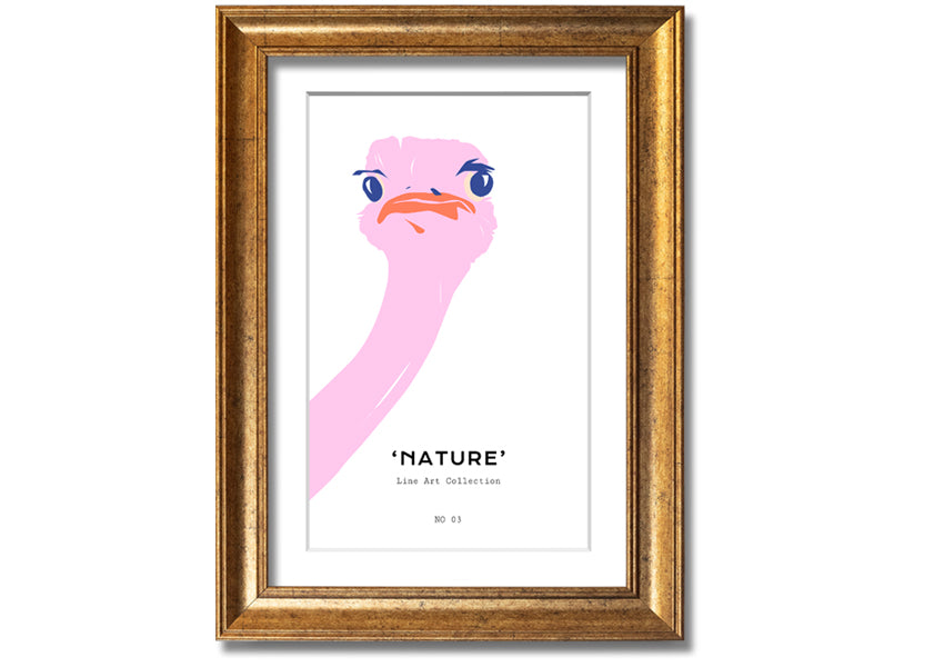 A beautifully framed Peaking Ostridge print showcasing an artistic depiction of an ostrich, available in various frame colors.