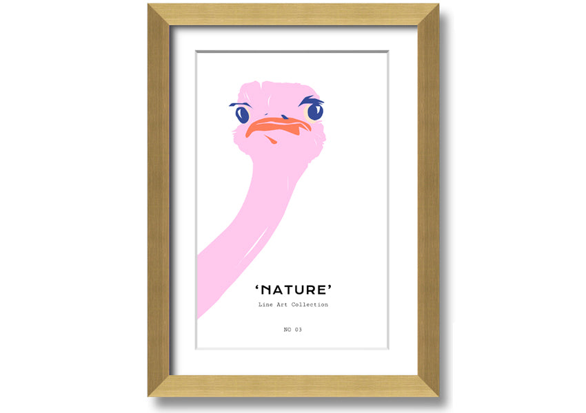 A beautifully framed Peaking Ostridge print showcasing an artistic depiction of an ostrich, available in various frame colors.