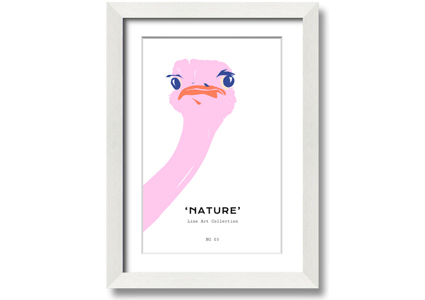 A beautifully framed Peaking Ostridge print showcasing an artistic depiction of an ostrich, available in various frame colors.