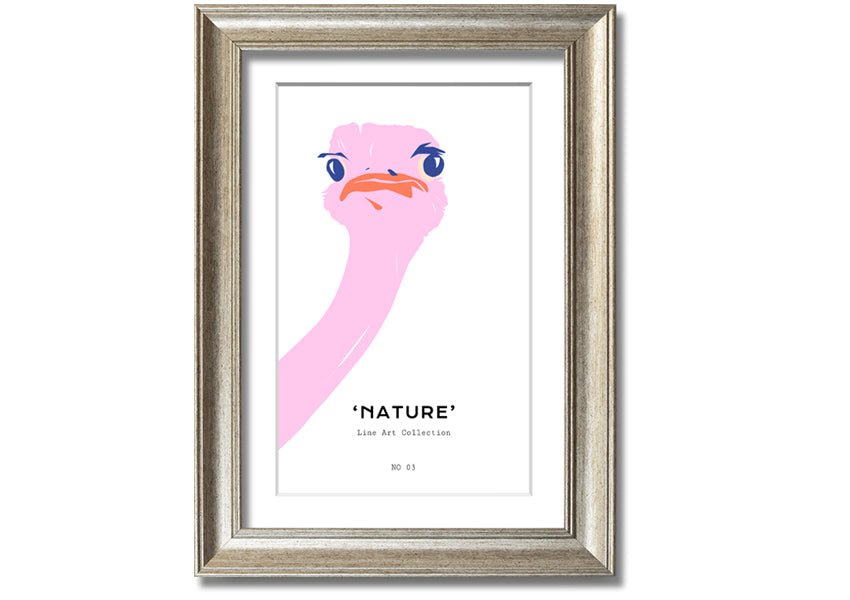 A beautifully framed Peaking Ostridge print showcasing an artistic depiction of an ostrich, available in various frame colors.