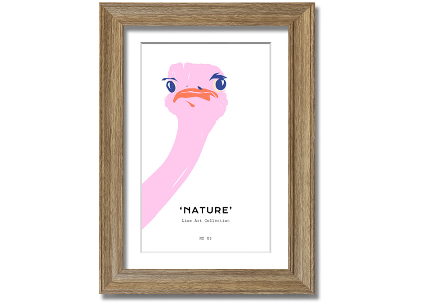 A beautifully framed Peaking Ostridge print showcasing an artistic depiction of an ostrich, available in various frame colors.