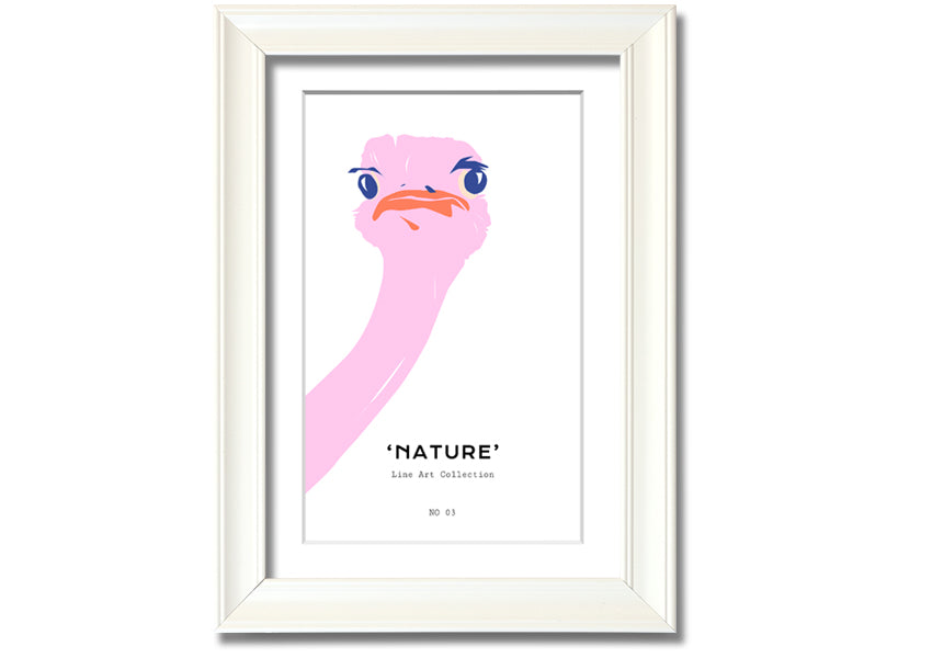 A beautifully framed Peaking Ostridge print showcasing an artistic depiction of an ostrich, available in various frame colors.