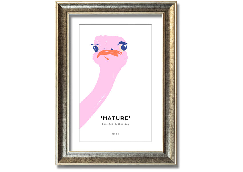 A beautifully framed Peaking Ostridge print showcasing an artistic depiction of an ostrich, available in various frame colors.