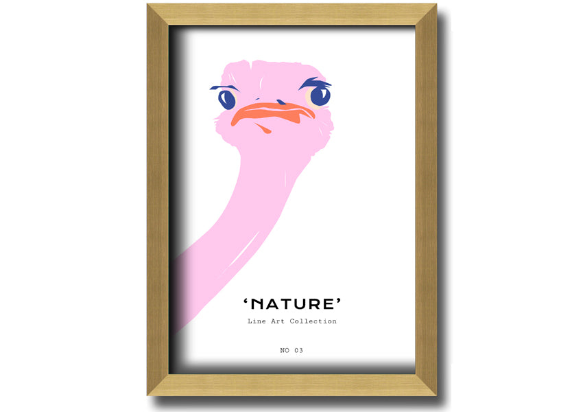 A beautifully framed Peaking Ostridge print showcasing an artistic depiction of an ostrich, available in various frame colors.