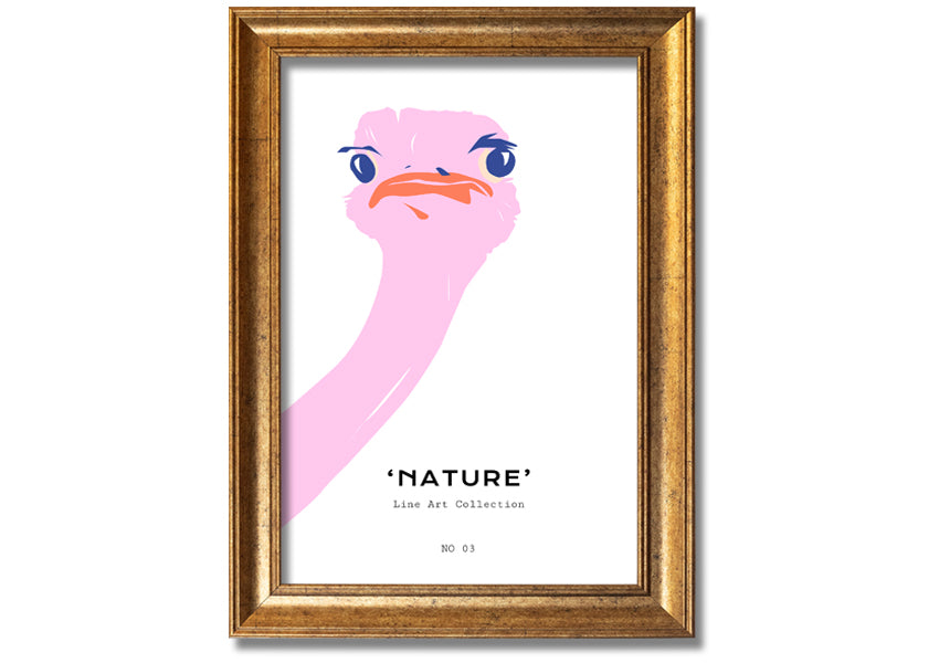 A beautifully framed Peaking Ostridge print showcasing an artistic depiction of an ostrich, available in various frame colors.