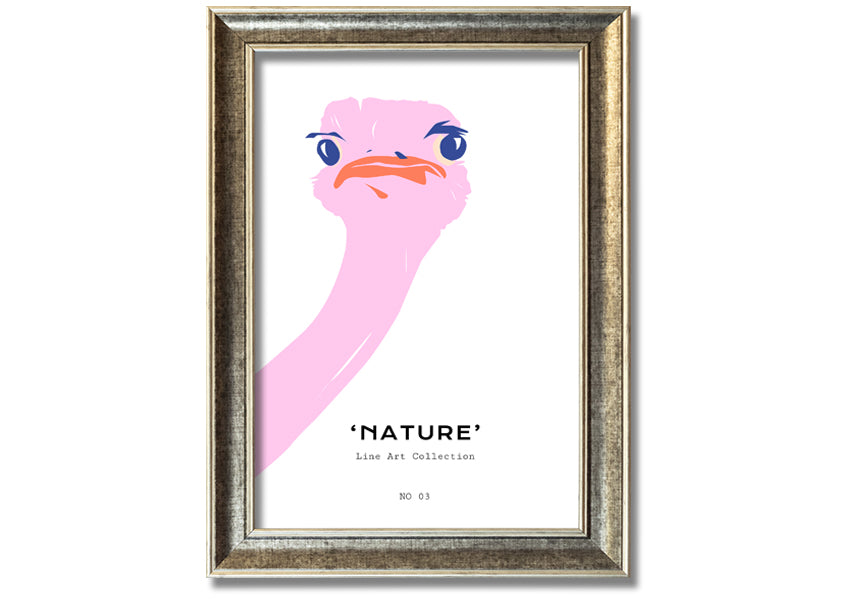 A beautifully framed Peaking Ostridge print showcasing an artistic depiction of an ostrich, available in various frame colors.