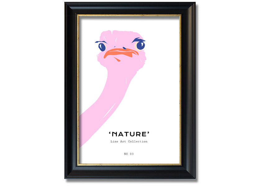 A beautifully framed Peaking Ostridge print showcasing an artistic depiction of an ostrich, available in various frame colors.