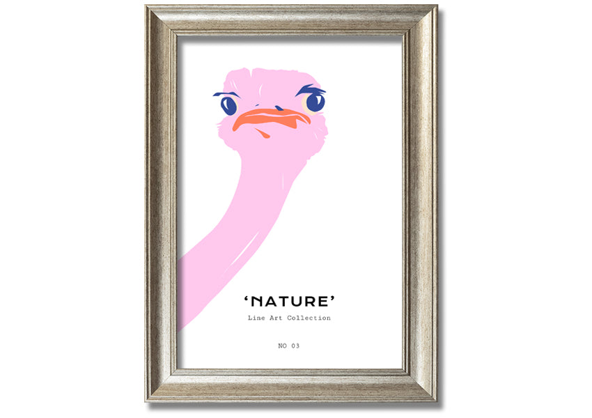 A beautifully framed Peaking Ostridge print showcasing an artistic depiction of an ostrich, available in various frame colors.