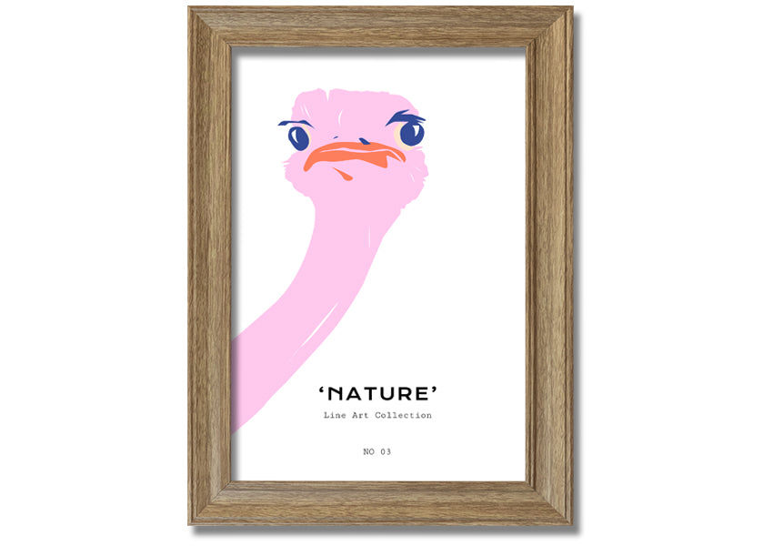 A beautifully framed Peaking Ostridge print showcasing an artistic depiction of an ostrich, available in various frame colors.