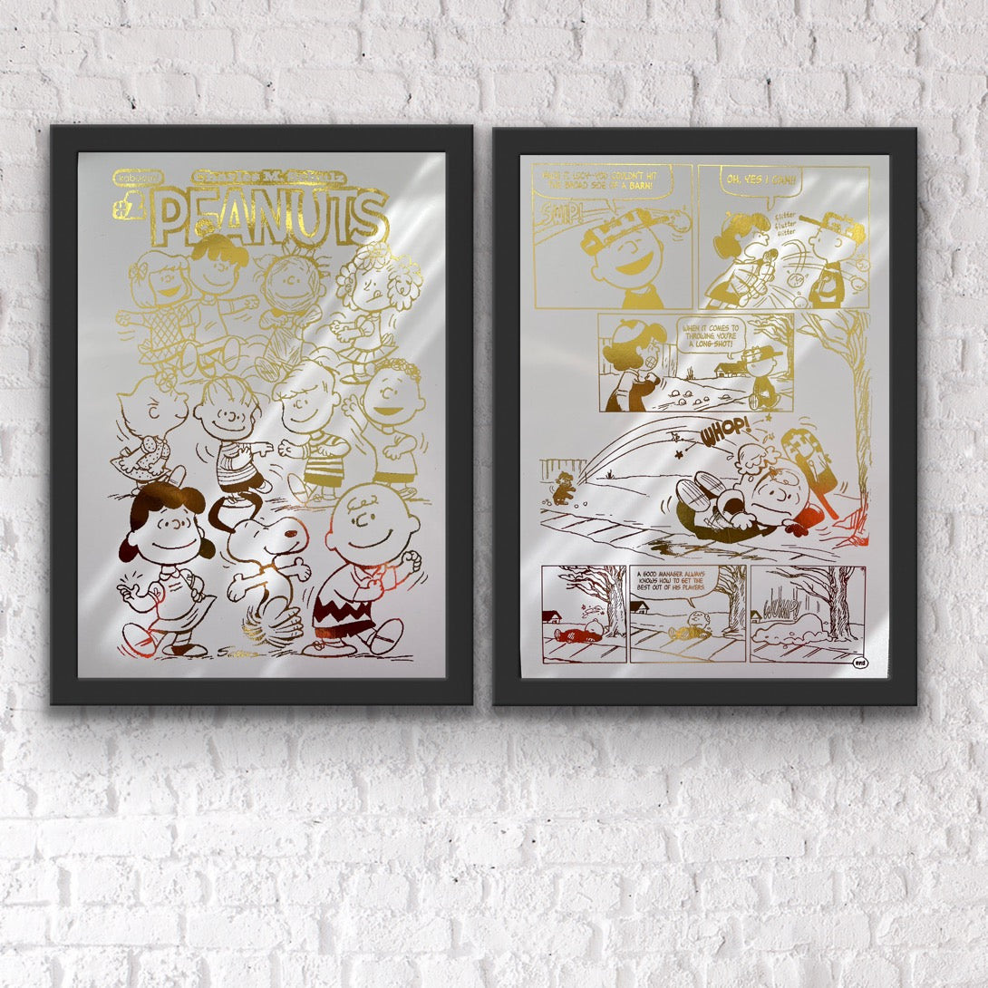 Peanuts Comic Cover & Comic Strip Foil Print featuring Charlie Brown, Snoopy, and other iconic characters in gold foil accents.