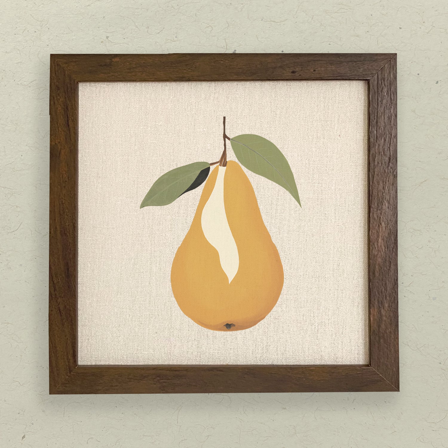 A beautifully crafted Pear Framed Sign with a stylized wood frame, featuring eco-friendly printing on a linen-look background.