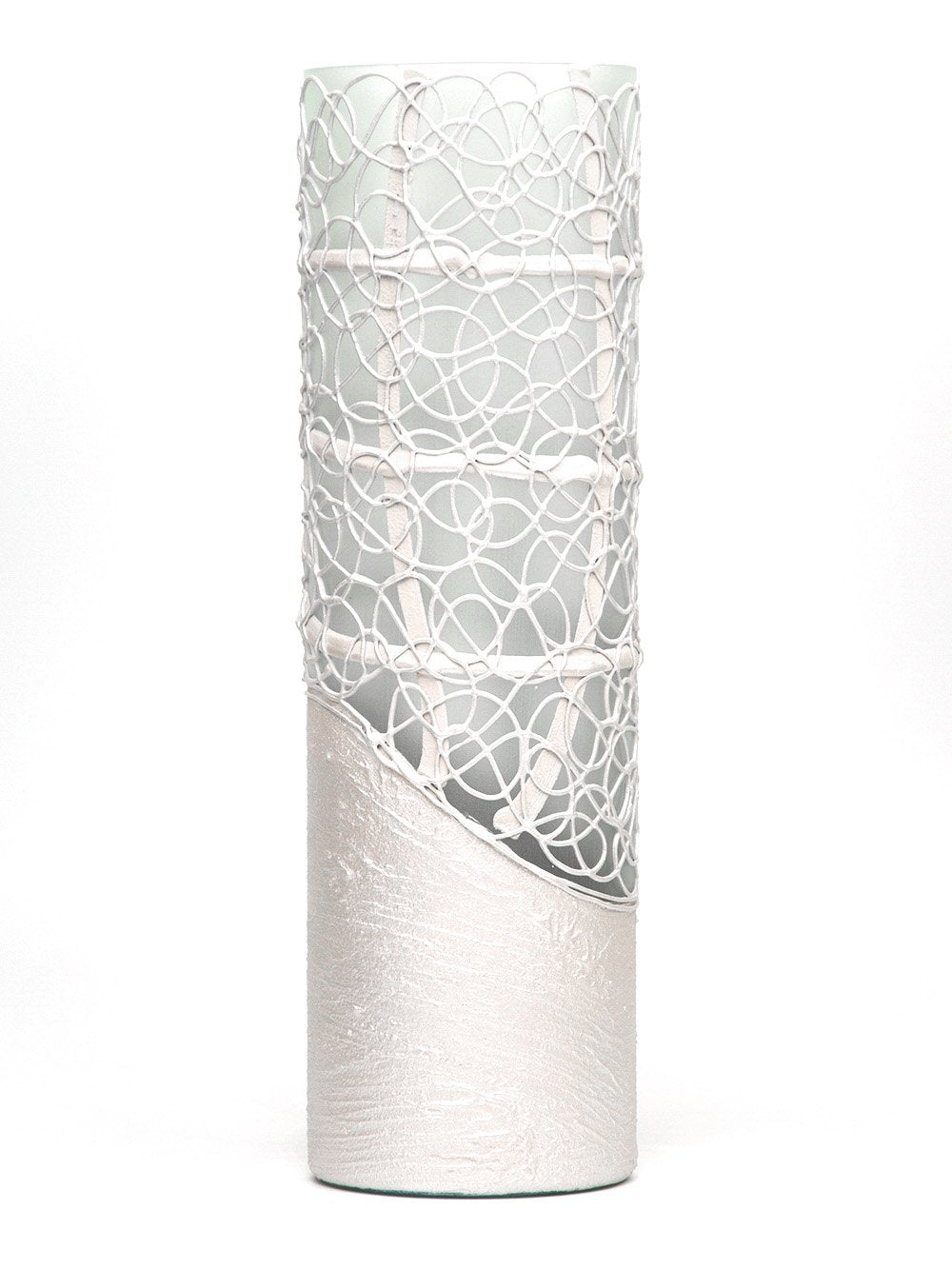 A beautifully hand-painted pearl colour decorated glass vase showcasing intricate floral and geometric designs.