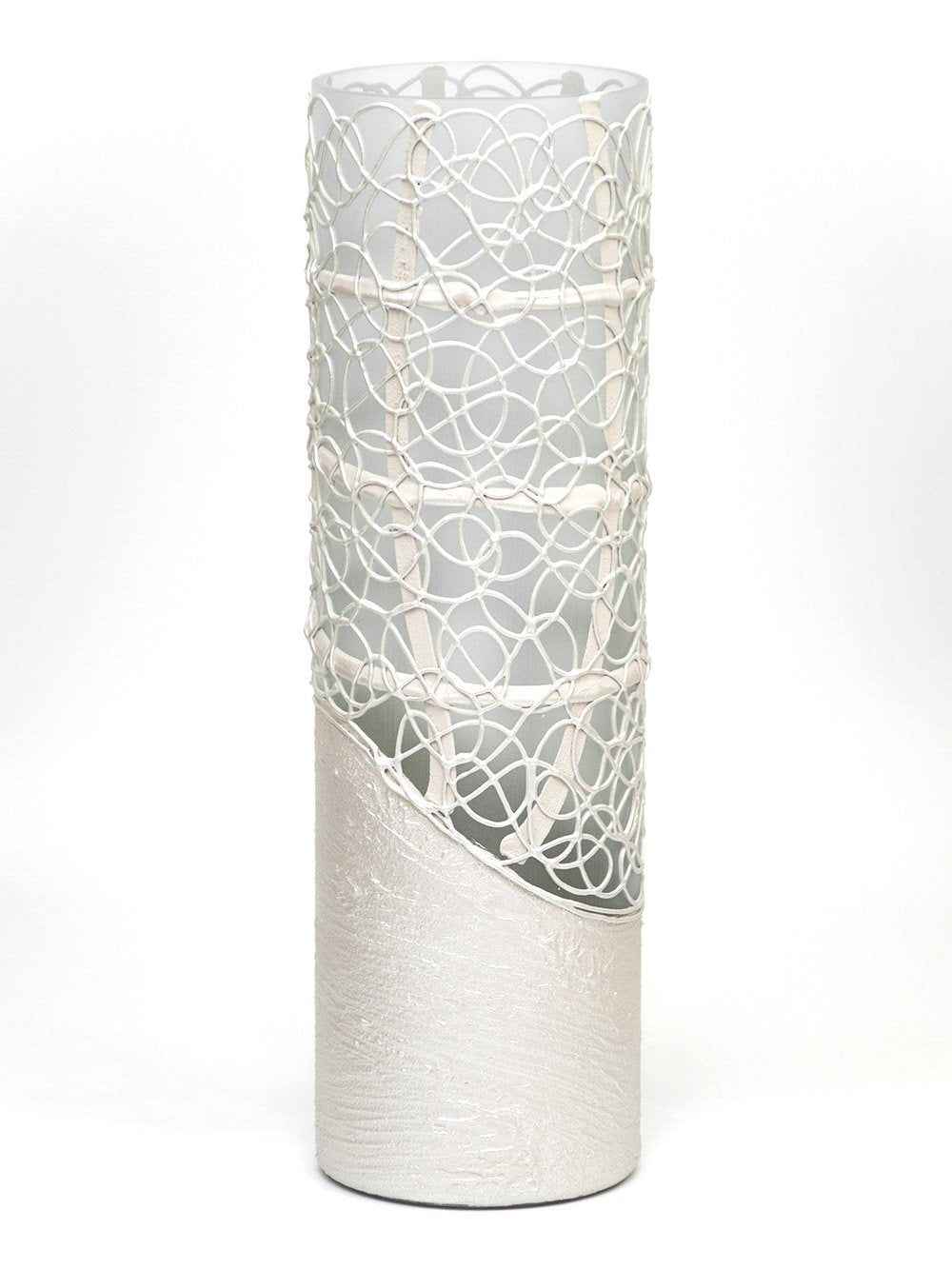 A beautifully hand-painted pearl colour decorated glass vase showcasing intricate floral and geometric designs.