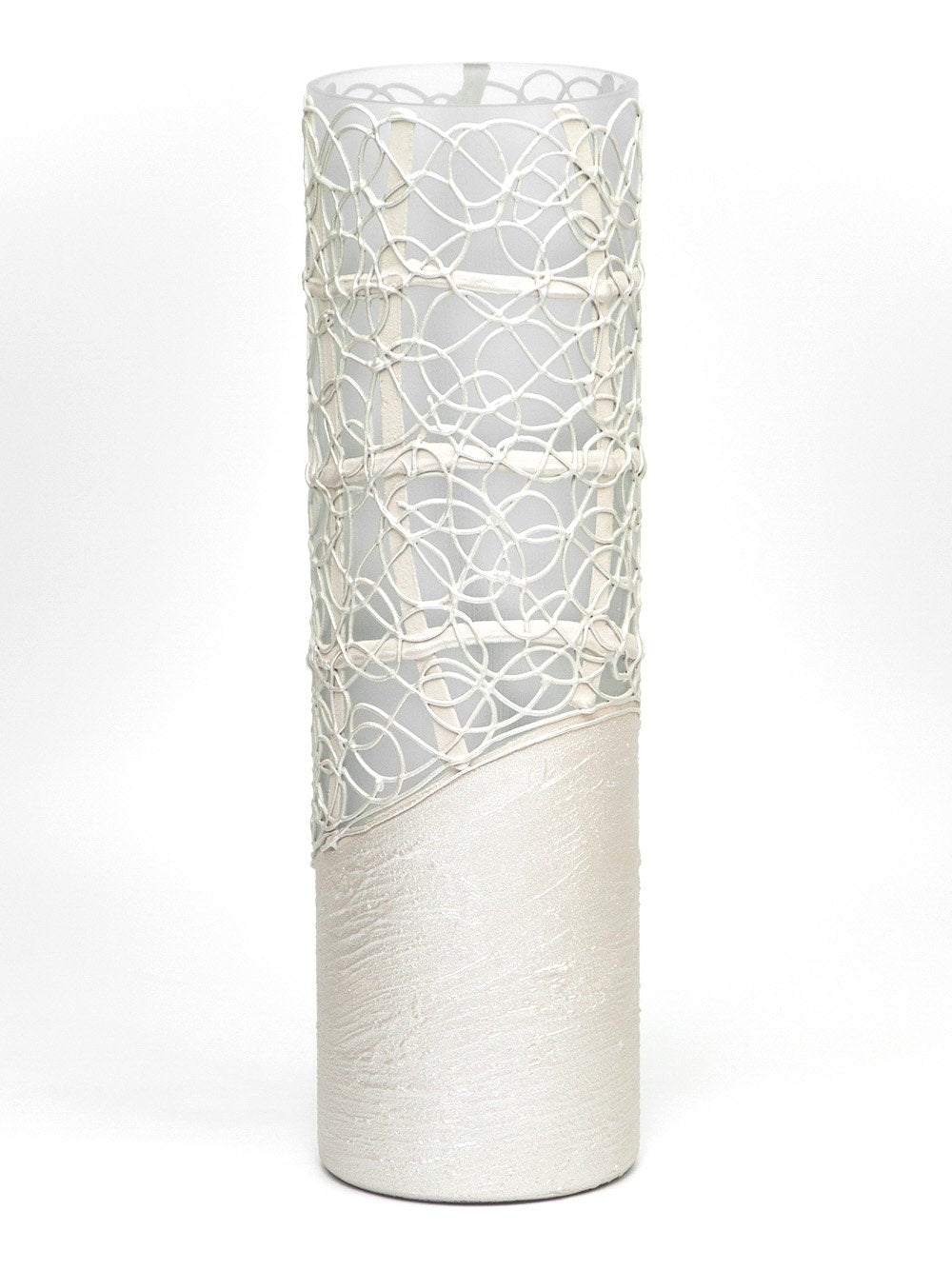 A beautifully hand-painted pearl colour decorated glass vase showcasing intricate floral and geometric designs.