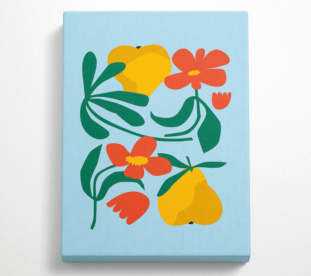 A vibrant canvas art piece featuring pears and flowers, mounted on a sturdy box frame, ready to hang.