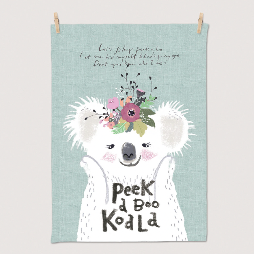 Peekaboo Koala fabric poster, 50cm x 70cm, featuring a whimsical koala design on lightweight polyester fabric.