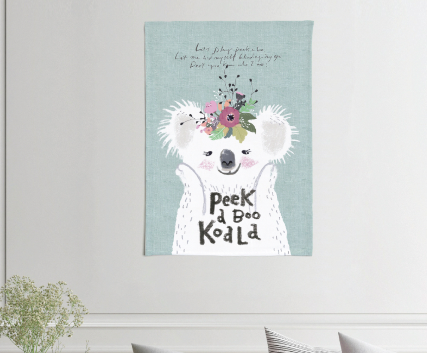 Peekaboo Koala fabric poster, 50cm x 70cm, featuring a whimsical koala design on lightweight polyester fabric.