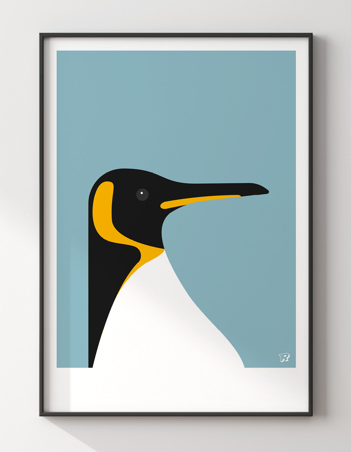 A stylish depiction of an Emperor Penguin in a minimalist design, showcasing its iconic black and white colors with bold color options.