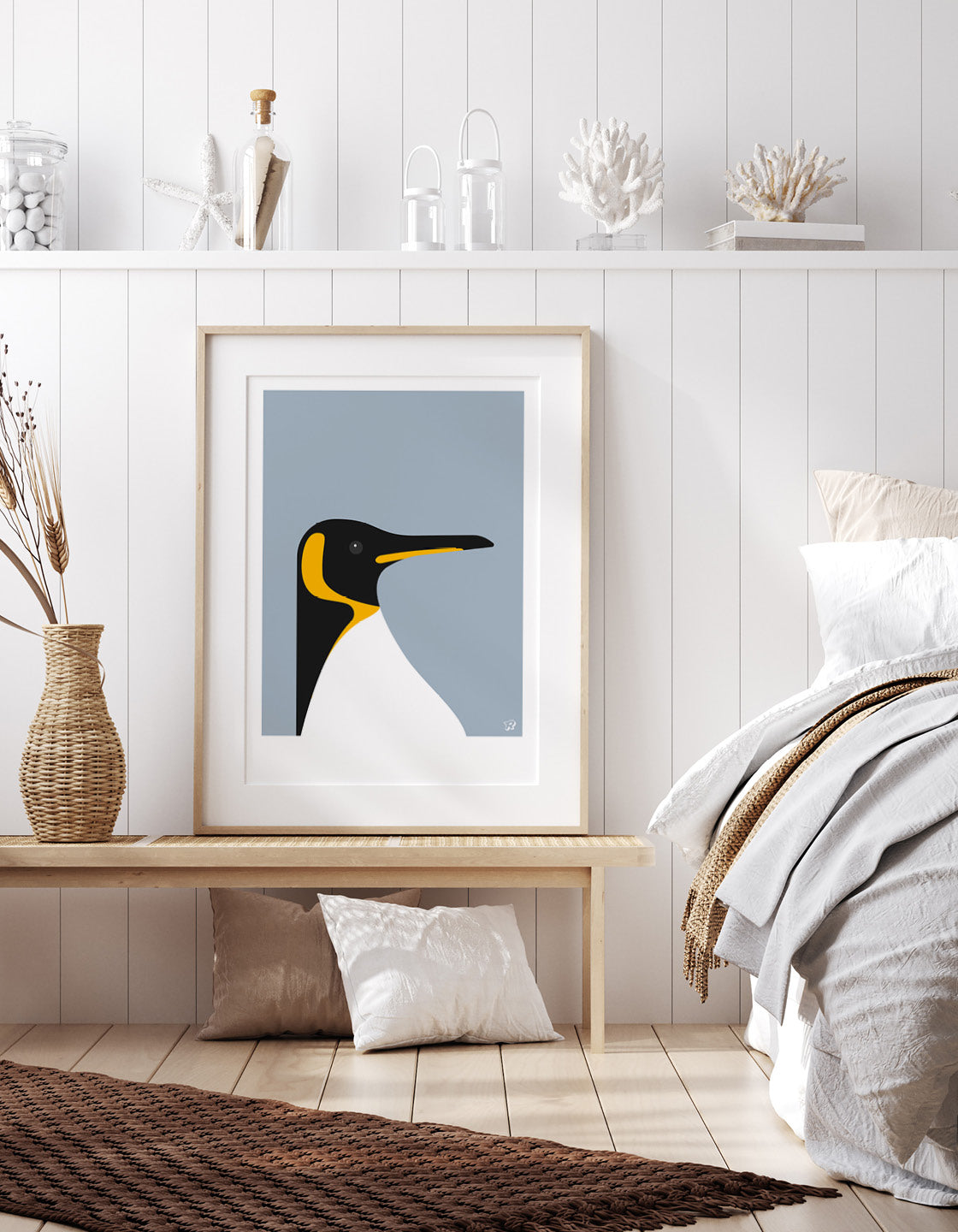 A stylish depiction of an Emperor Penguin in a minimalist design, showcasing its iconic black and white colors with bold color options.