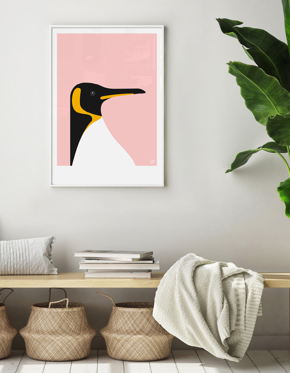 A stylish depiction of an Emperor Penguin in a minimalist design, showcasing its iconic black and white colors with bold color options.