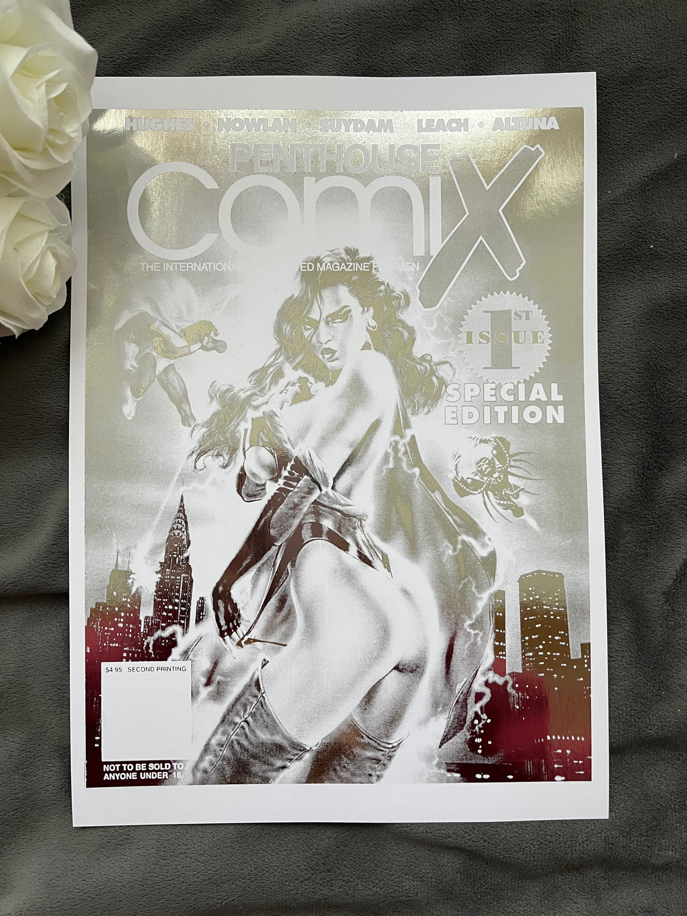 Penthouse Comix Comic Cover Edition 1 featuring silver foil finish, showcasing vibrant artwork and nostalgic design.