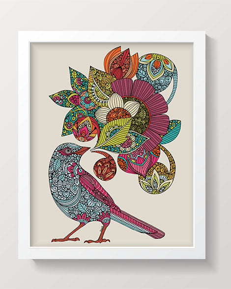 An archival art print featuring Penny the Bird surrounded by colorful flowers, showcasing intricate pen and ink details with vibrant digital coloring.