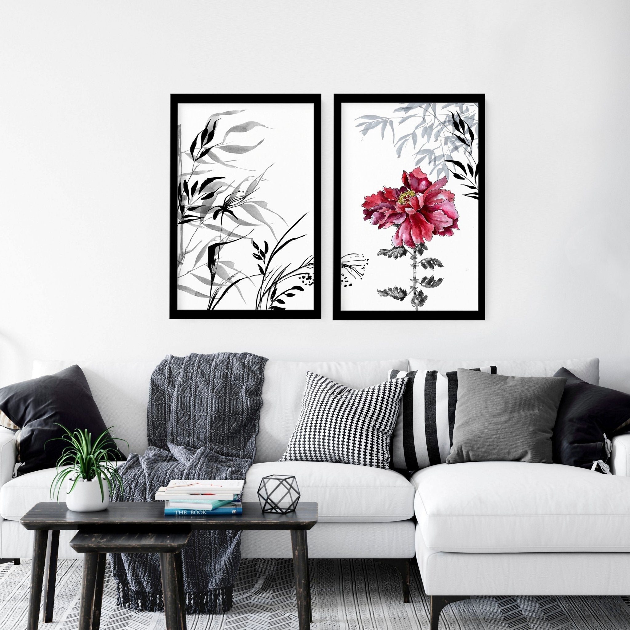 Set of 2 framed Red Peony Wall Art prints showcasing vibrant red flowers in elegant frames.