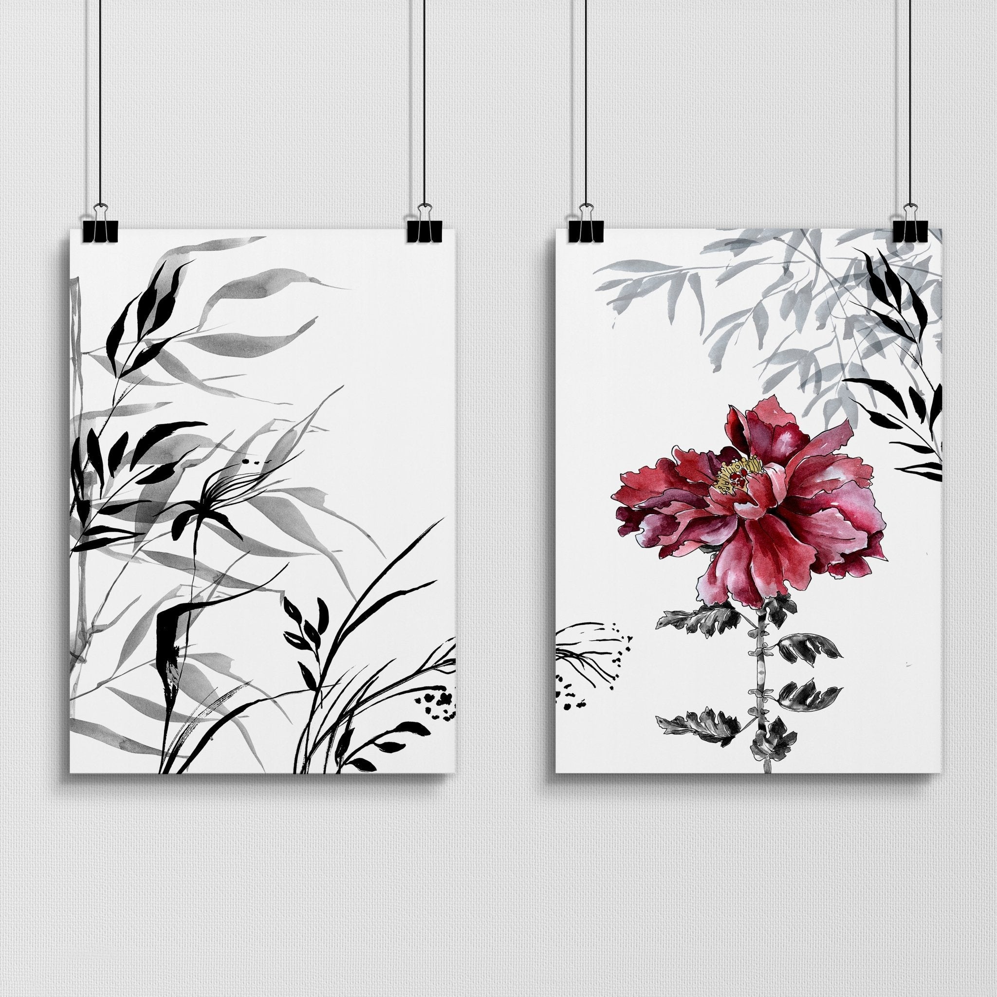 Set of 2 framed Red Peony Wall Art prints showcasing vibrant red flowers in elegant frames.