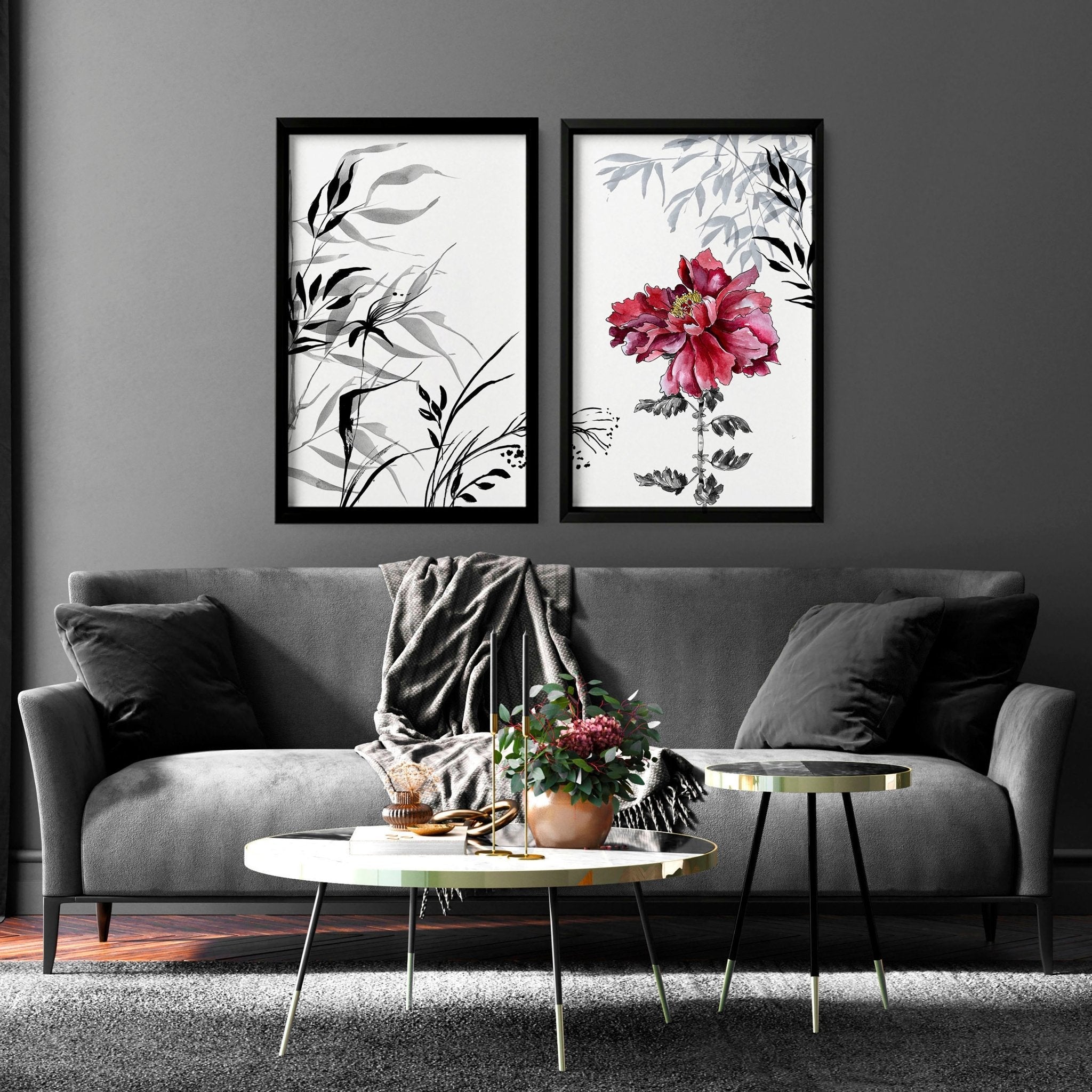 Set of 2 framed Red Peony Wall Art prints showcasing vibrant red flowers in elegant frames.