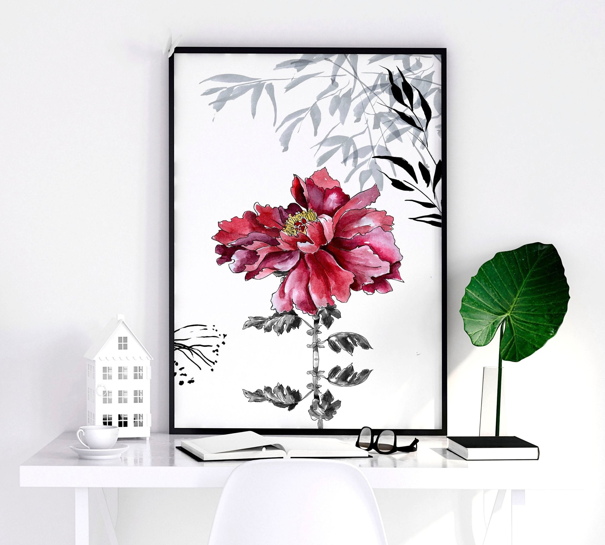 Set of 2 framed Red Peony Wall Art prints showcasing vibrant red flowers in elegant frames.