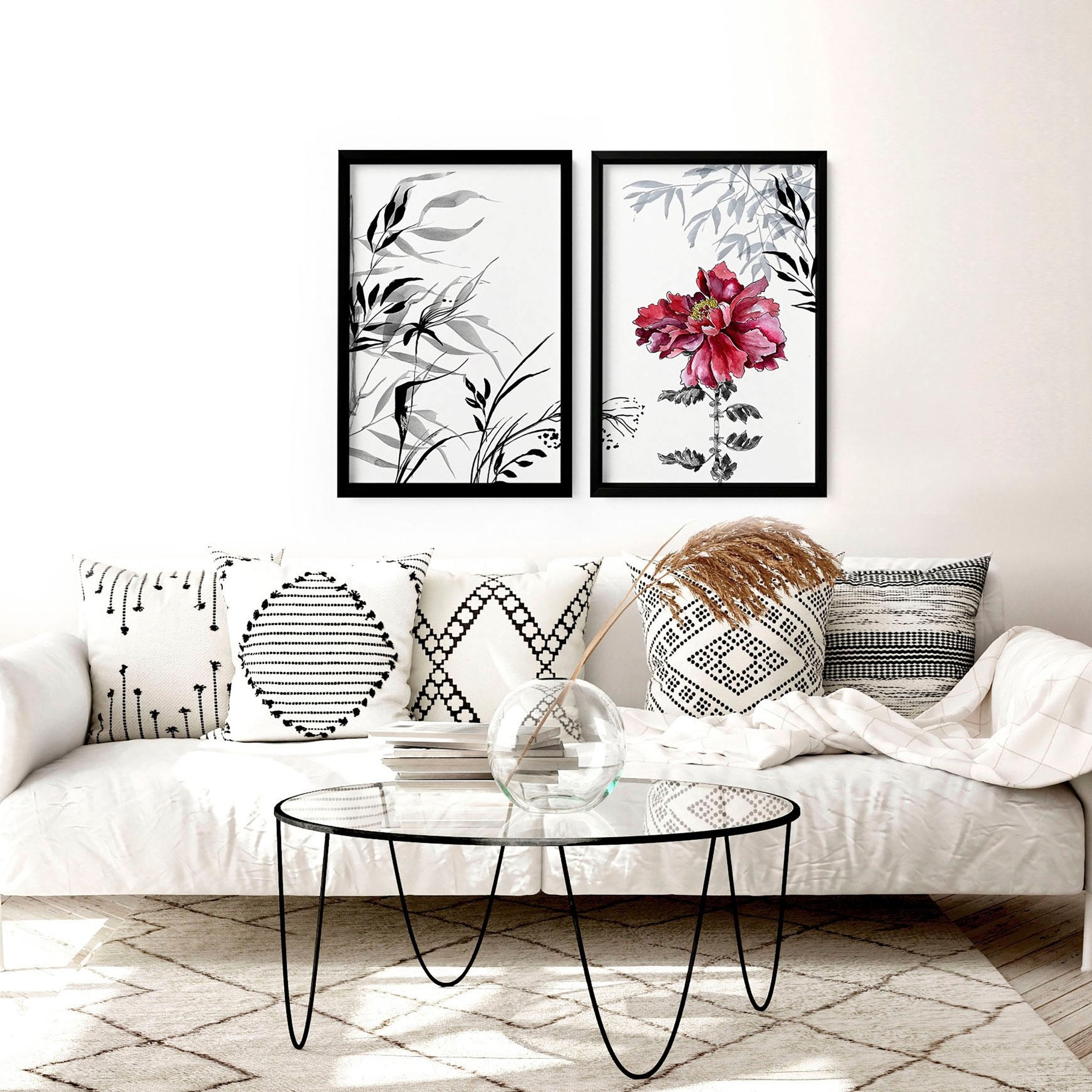 Set of 2 framed Red Peony Wall Art prints showcasing vibrant red flowers in elegant frames.