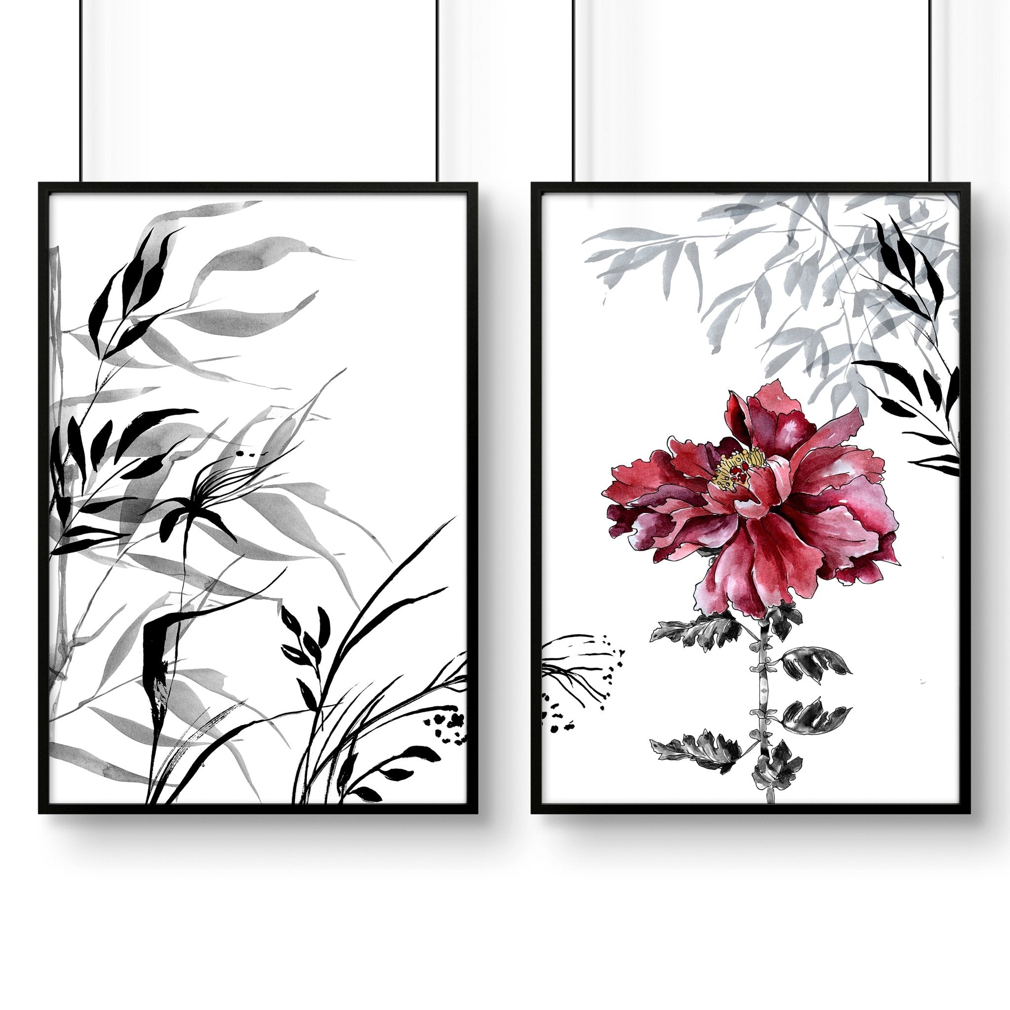 Set of 2 framed Red Peony Wall Art prints showcasing vibrant red flowers in elegant frames.