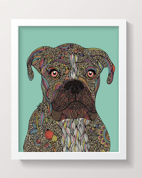 Pepper the Boxer Art Print on photographic paper, showcasing a vibrant and playful Boxer dog illustration.