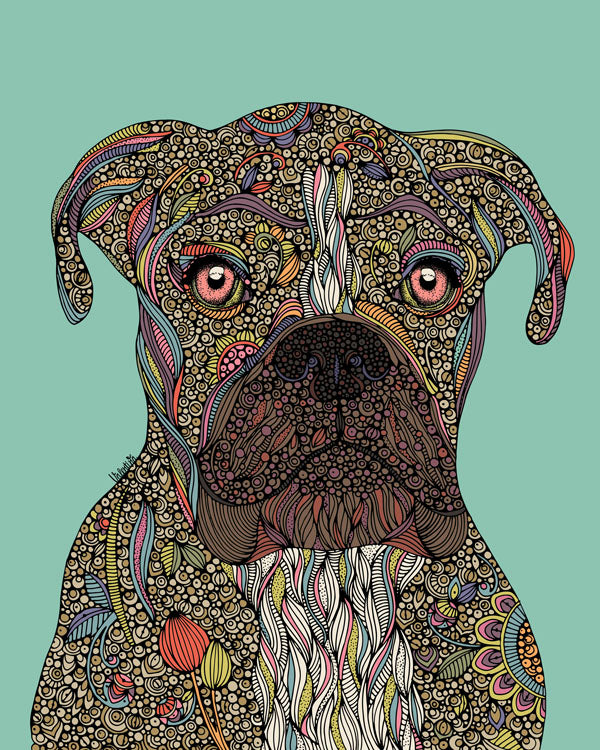 Pepper the Boxer Art Print on photographic paper, showcasing a vibrant and playful Boxer dog illustration.