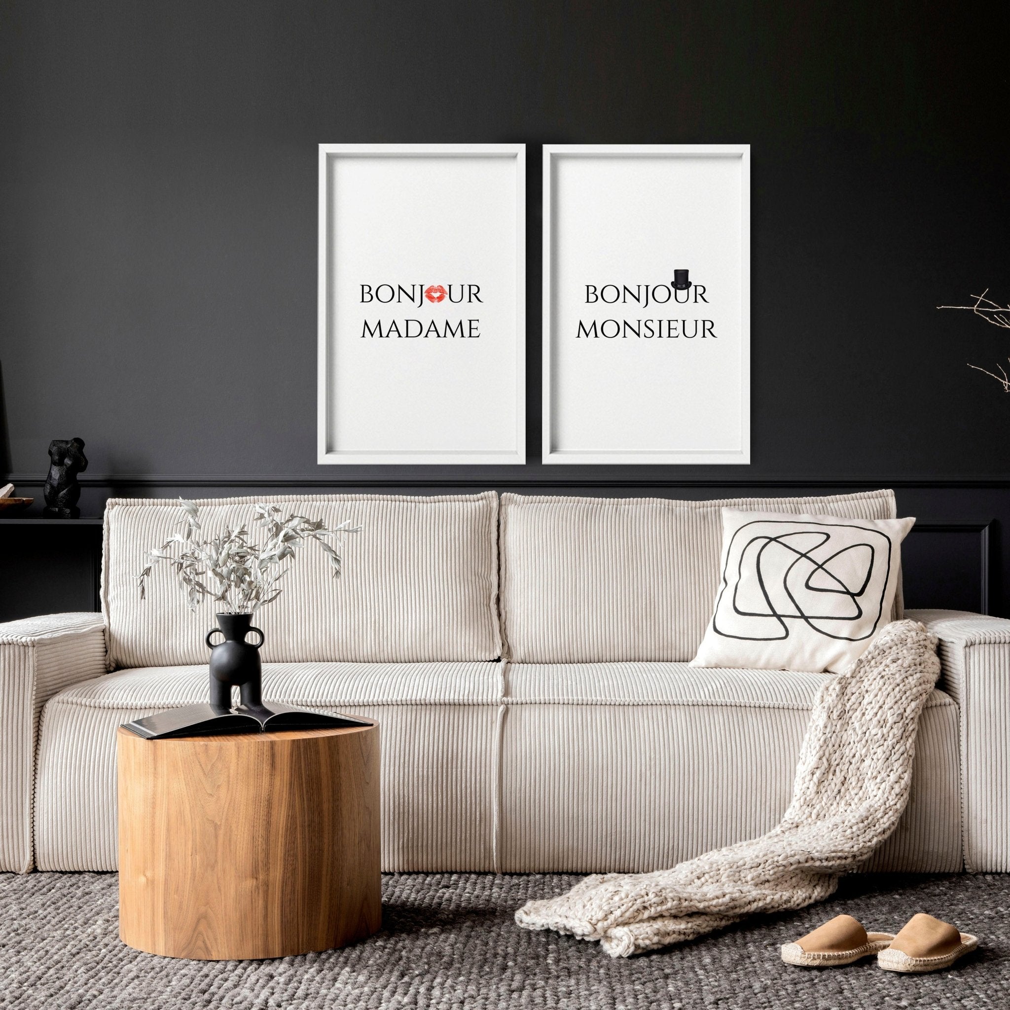 Set of 2 wall art prints featuring 'Bonjour Madame' and 'Bonjour Monsieur' phrases, perfect for romantic home decor.