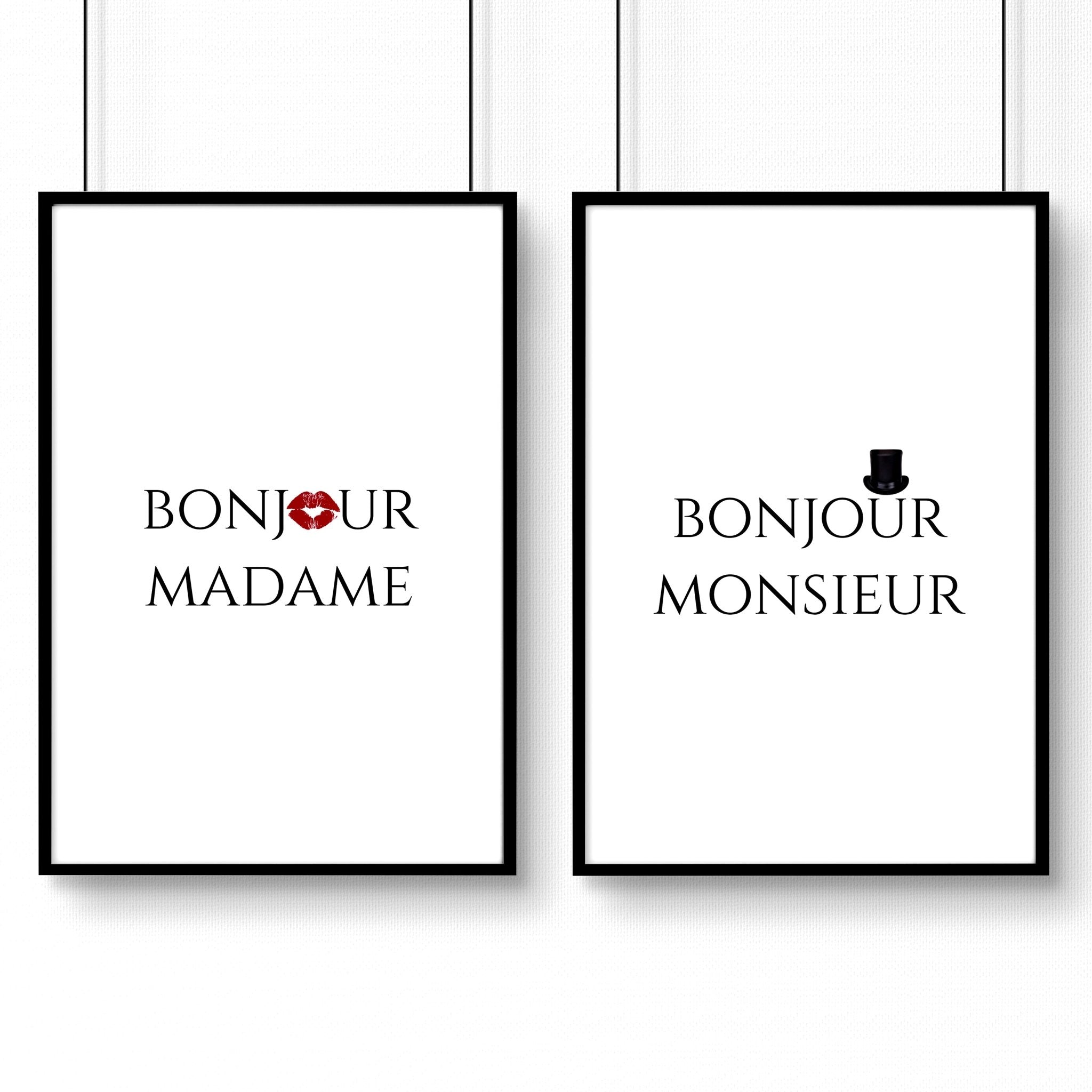 Set of 2 wall art prints featuring 'Bonjour Madame' and 'Bonjour Monsieur' phrases, perfect for romantic home decor.