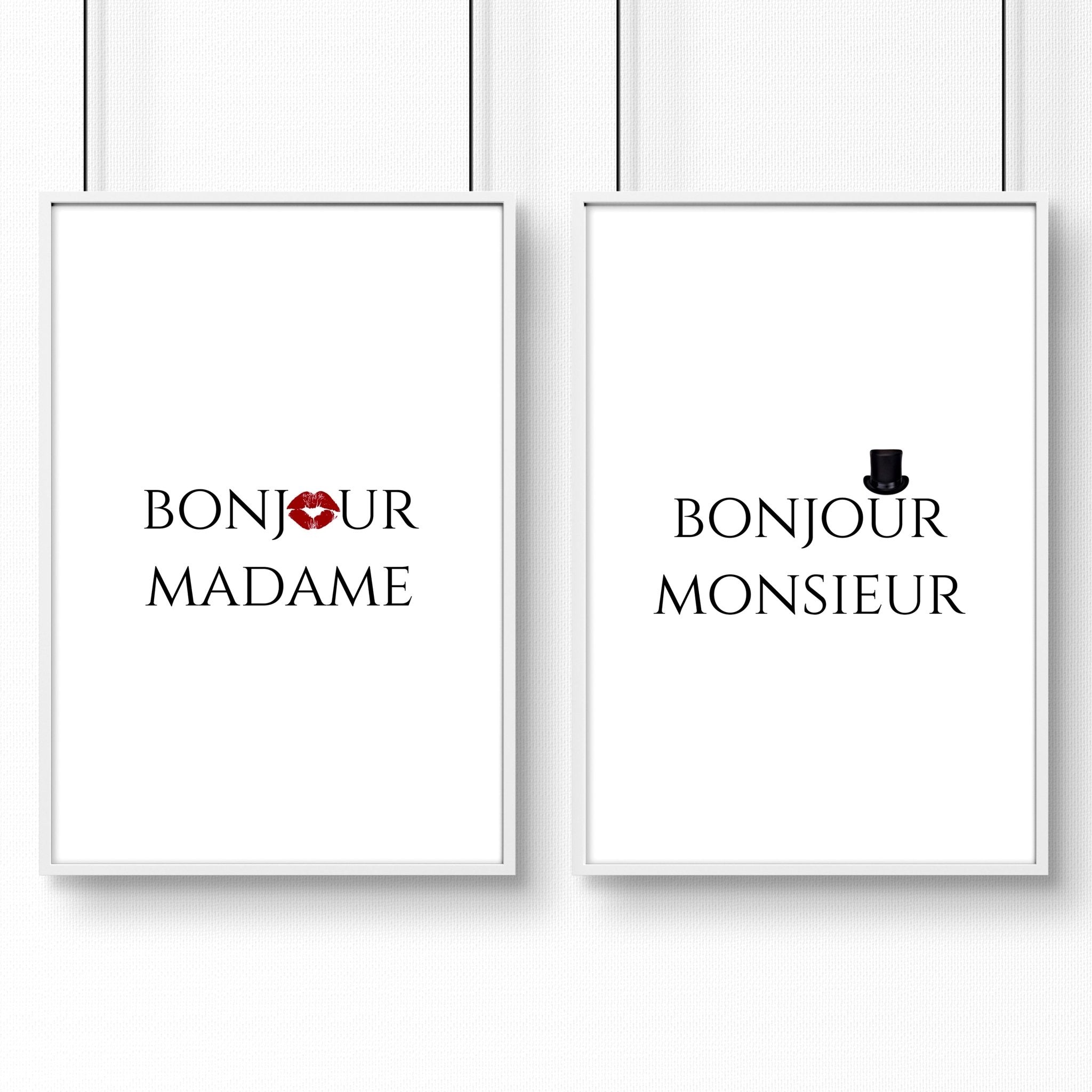 Set of 2 wall art prints featuring 'Bonjour Madame' and 'Bonjour Monsieur' phrases, perfect for romantic home decor.