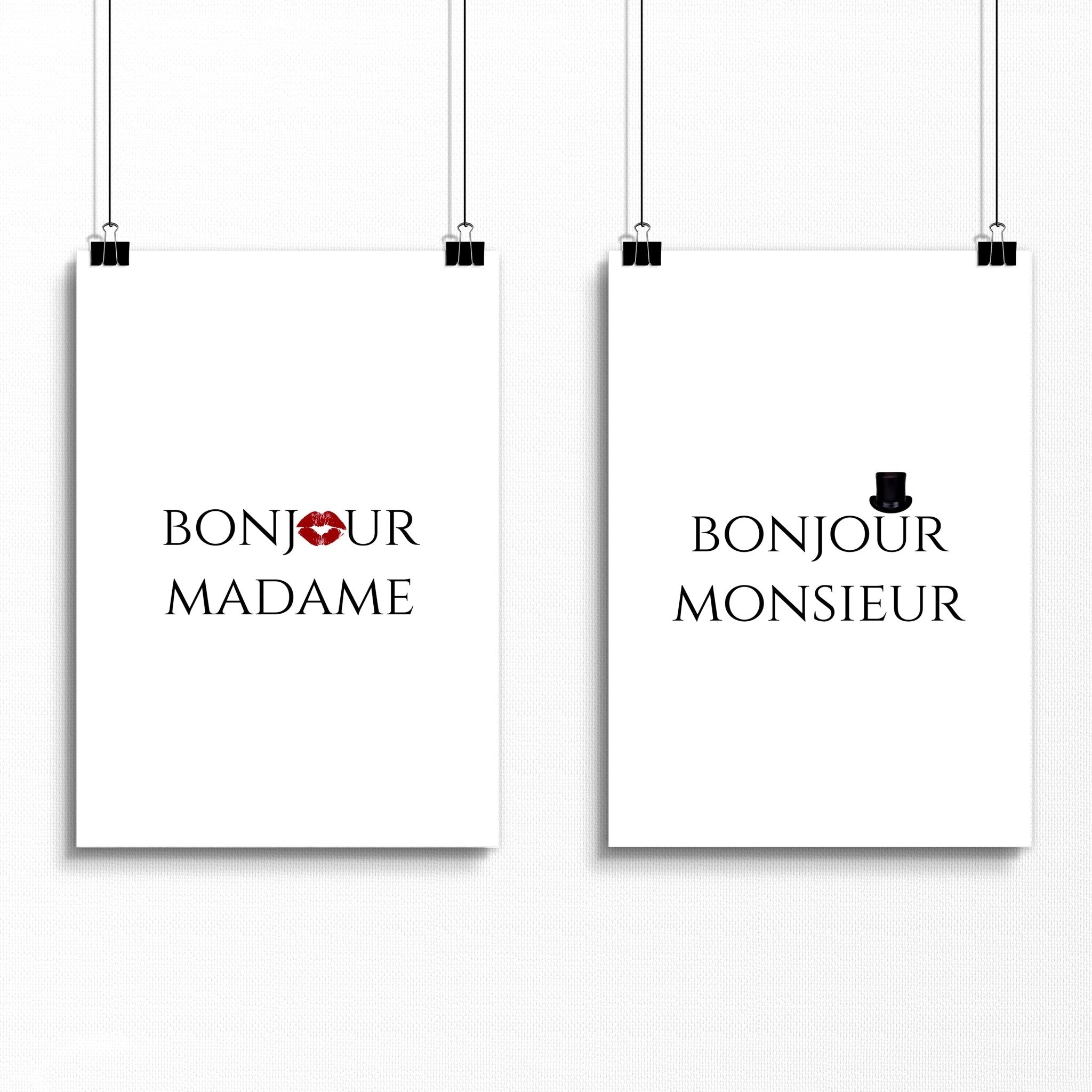 Set of 2 wall art prints featuring 'Bonjour Madame' and 'Bonjour Monsieur' phrases, perfect for romantic home decor.