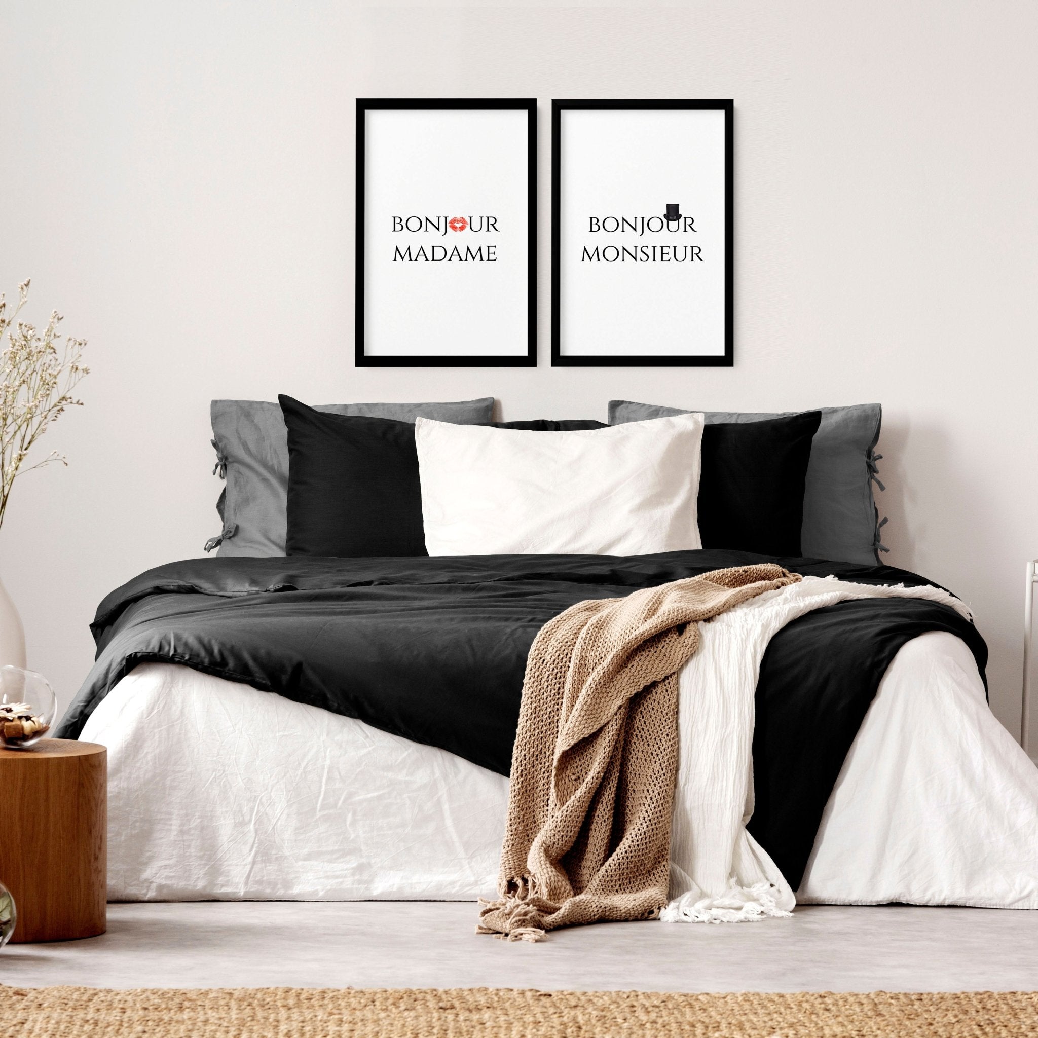 Set of 2 wall art prints featuring 'Bonjour Madame' and 'Bonjour Monsieur' phrases, perfect for romantic home decor.