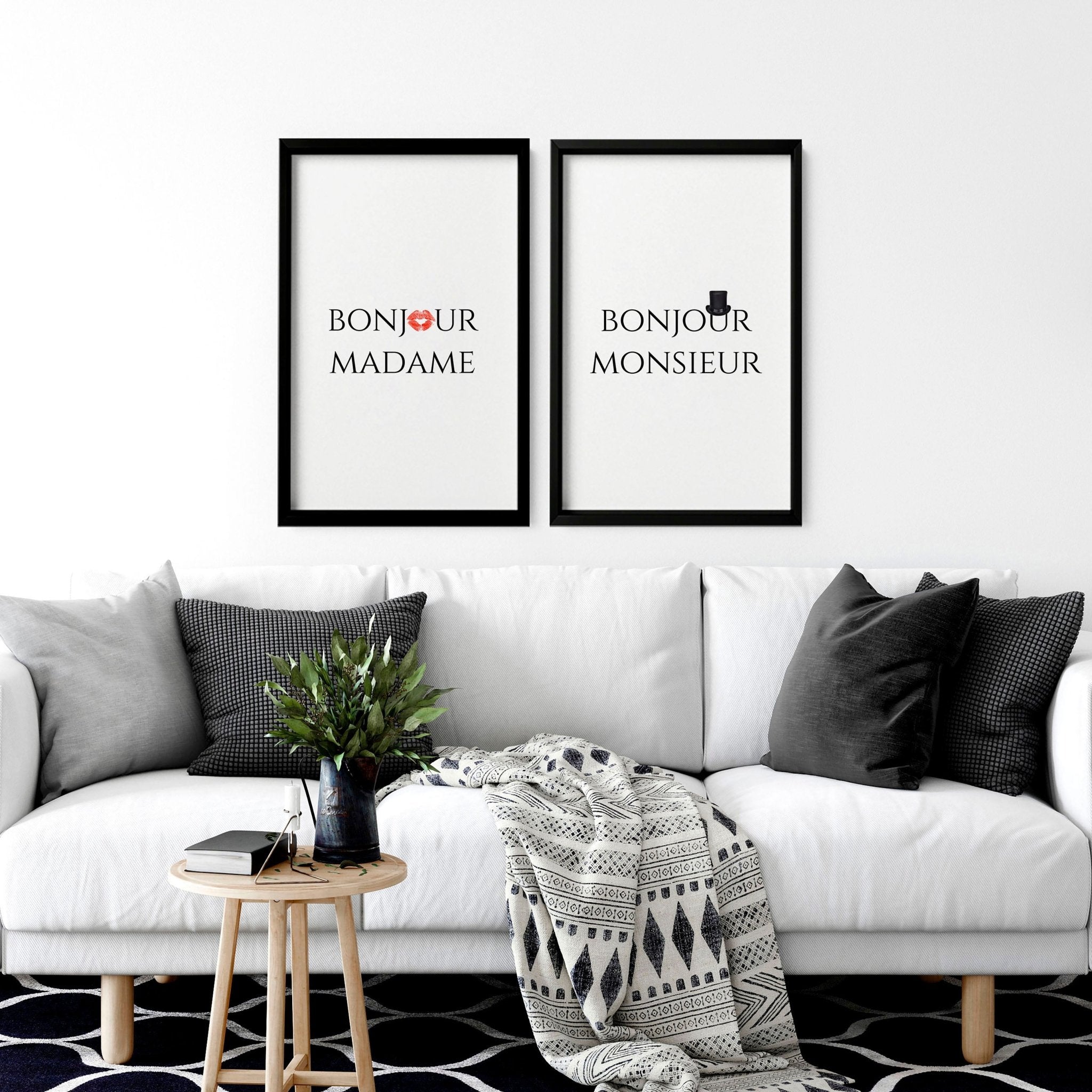 Set of 2 wall art prints featuring 'Bonjour Madame' and 'Bonjour Monsieur' phrases, perfect for romantic home decor.