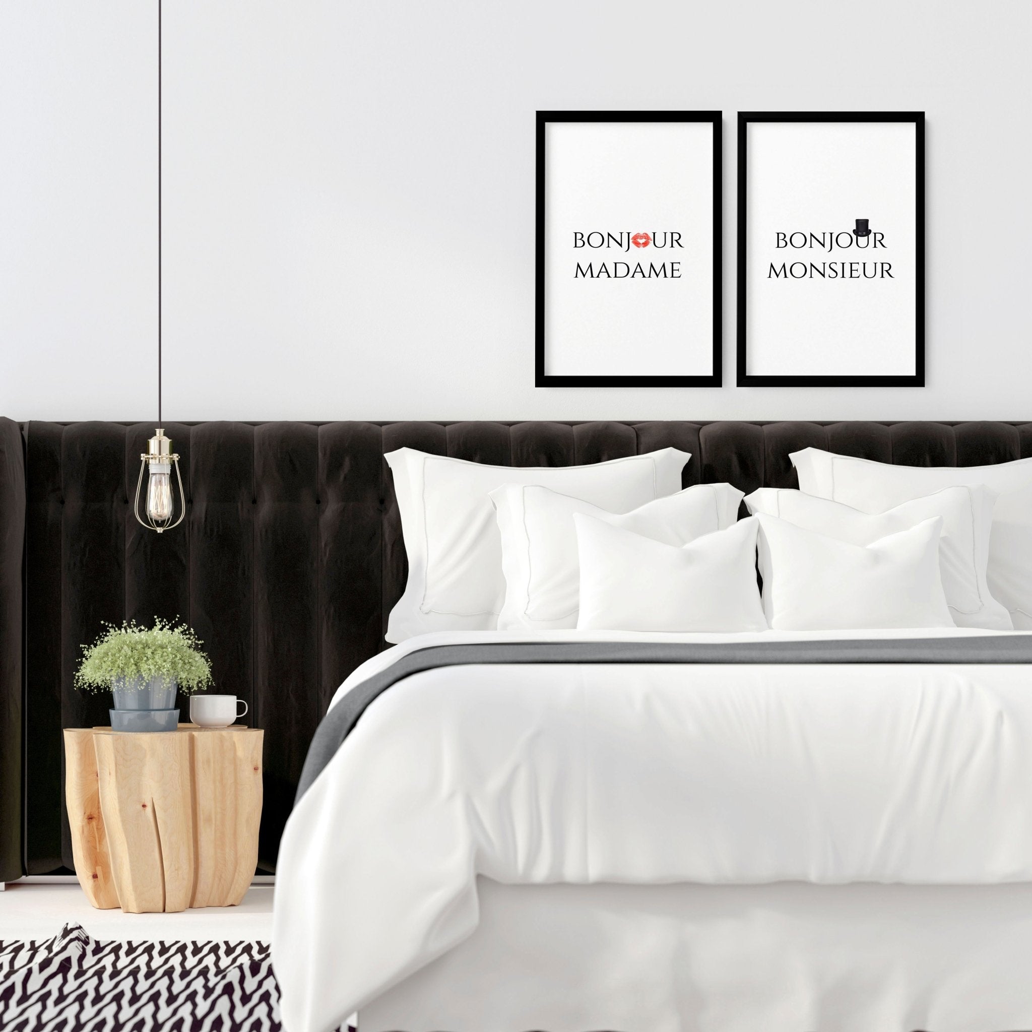 Set of 2 wall art prints featuring 'Bonjour Madame' and 'Bonjour Monsieur' phrases, perfect for romantic home decor.