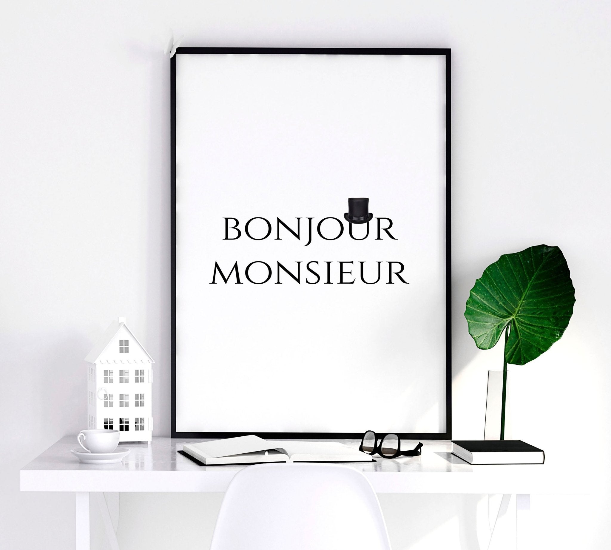 Set of 2 wall art prints featuring 'Bonjour Madame' and 'Bonjour Monsieur' phrases, perfect for romantic home decor.